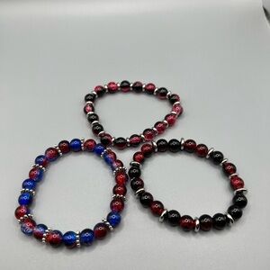 🆕 Elegant Beaded Bracelet Set - Red, Blue, Pink - Handmade #154